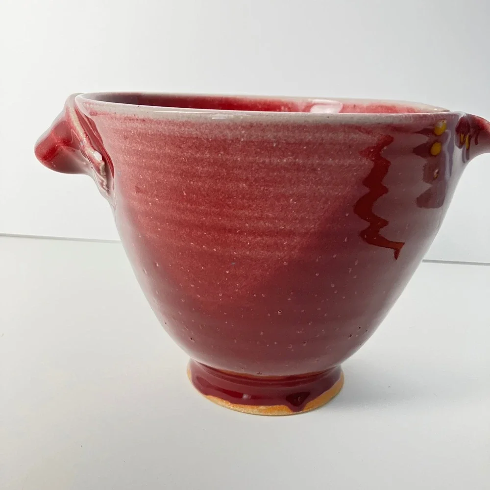 Handmade Pottery Batter Bowl 8in Red Stoneware Pour Spout Handle